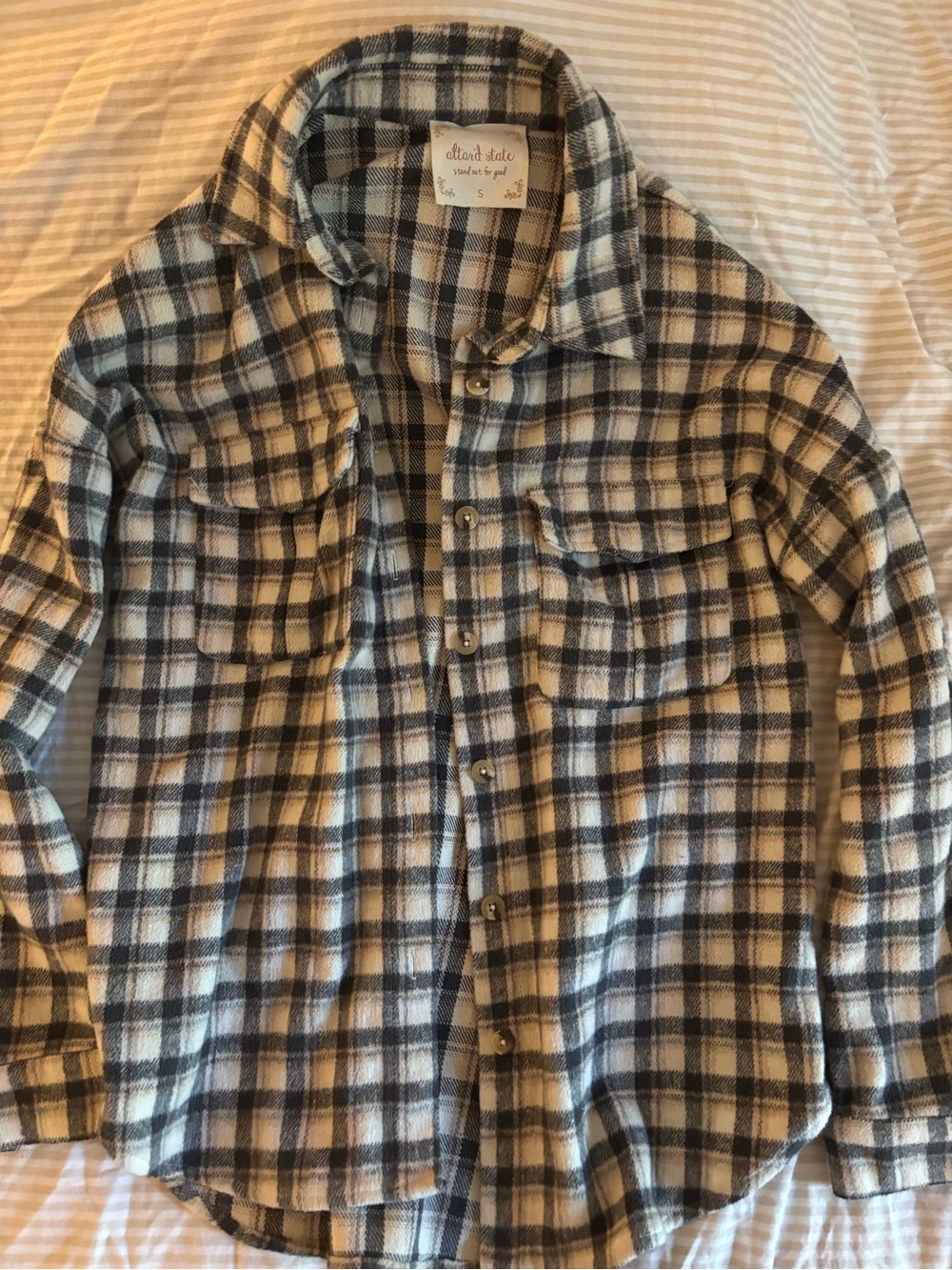 Altar'd State Cream & Black Plaid Button-Up Flannel